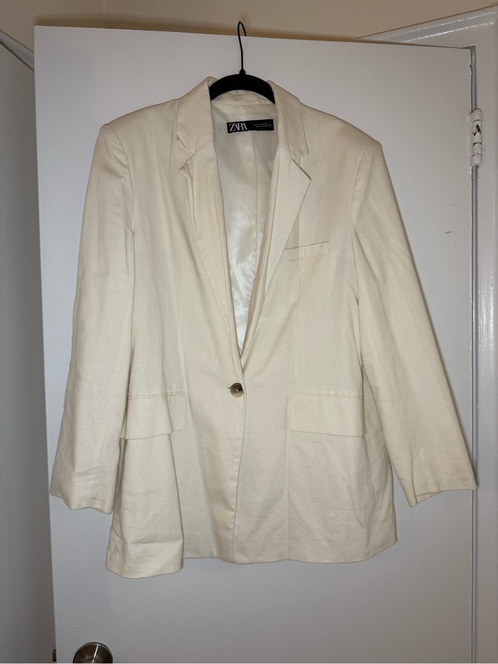 Zara Cream Linen-Blend Belted Blazer